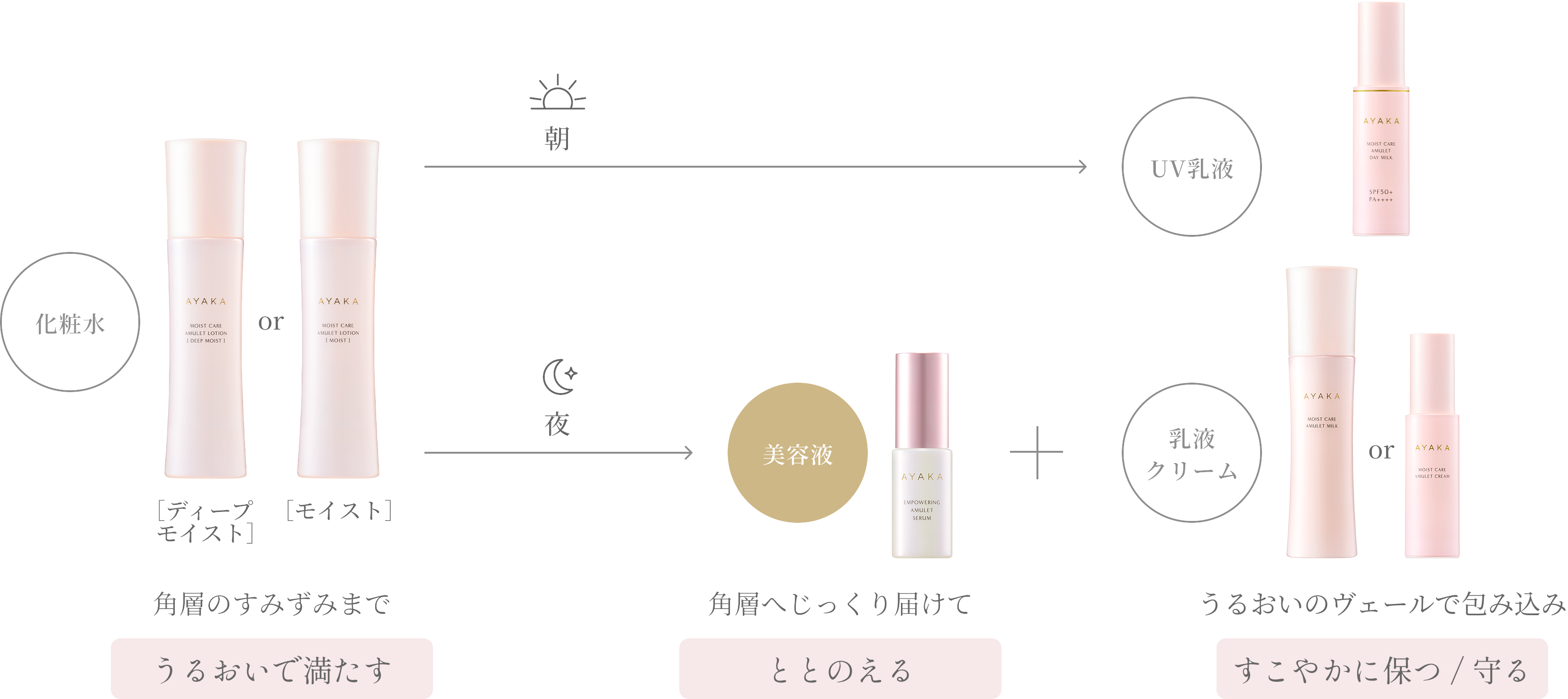 お手入れステップ図  化粧水のあと、朝はUV乳液、夜は美容液と乳液もしくはクリームをお使いください。  ※UV乳液には美容液効果もあるため、朝の美容液は必要に応じてお使いください。  ※朝にUV乳液を使わない場合は、朝も夜と同じステップがおすすめです。